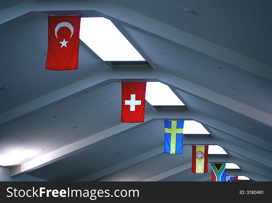 Row of flags in an airport