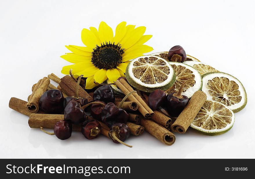 Autun composition with different dried fruit and vegetable: lemon, orange, cayenne, cinnamon and sunflower. Autun composition with different dried fruit and vegetable: lemon, orange, cayenne, cinnamon and sunflower