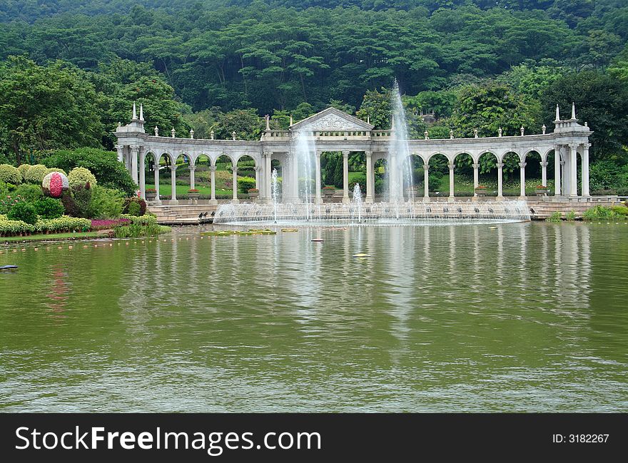 Landscape of garden with fountain and lake,China. Landscape of garden with fountain and lake,China