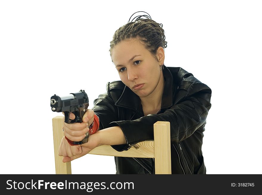 Girl in black jacket with a gun. Girl in black jacket with a gun