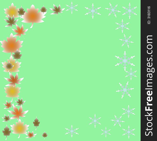 Note paper leaves and snowflakes frame on green background. Note paper leaves and snowflakes frame on green background
