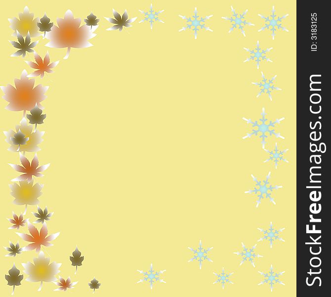 Note paper leaves and snowflakes frame on yellow background. Note paper leaves and snowflakes frame on yellow background