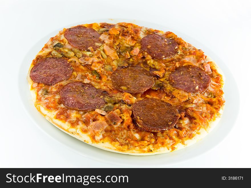 Salami pizza-isolated on white.