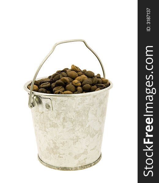 Coffee bucket of beans on a white background