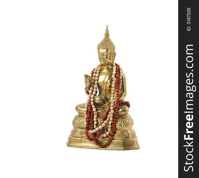 Golden Buddha statue with necklace. Isolated on white.