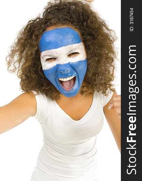 Young screaming Argentinian sport's fan with painted flag on face. Front view. Looking at camera, white background. Young screaming Argentinian sport's fan with painted flag on face. Front view. Looking at camera, white background