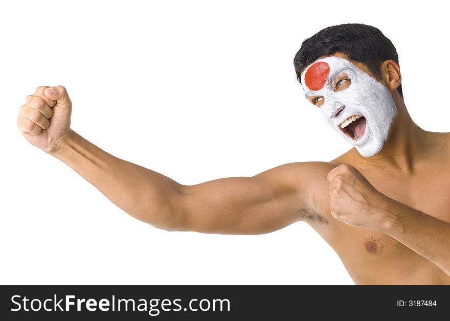 Young screaming and naked Japanese fan with painted flag on face. White background, side view