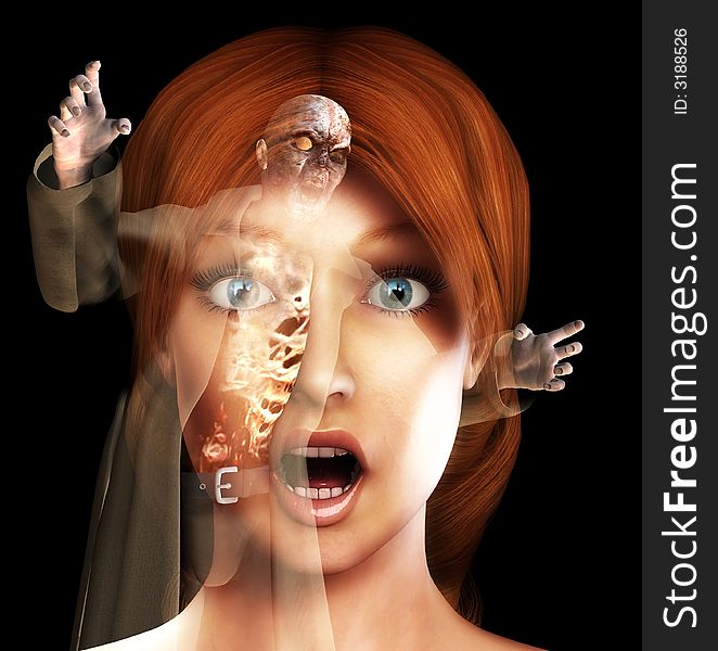 A conceptual image of a women in a state of fear or shock or pain as a zombie comes to get her. A conceptual image of a women in a state of fear or shock or pain as a zombie comes to get her.