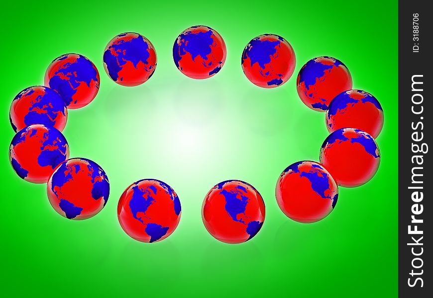 Time zone 12 spheres green background. Time zone 12 spheres green background