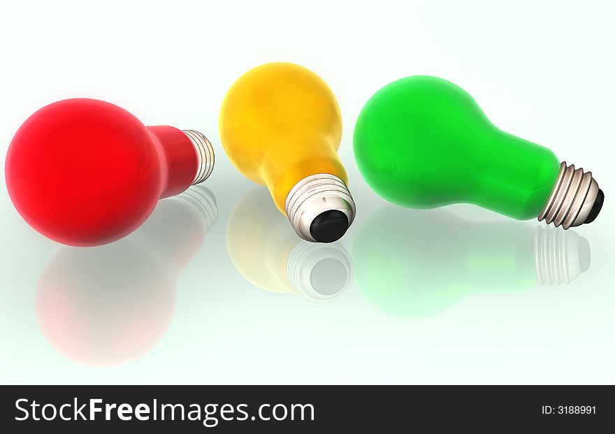 3 color light bulbs red, green, yellow 3d concept illustration. 3 color light bulbs red, green, yellow 3d concept illustration