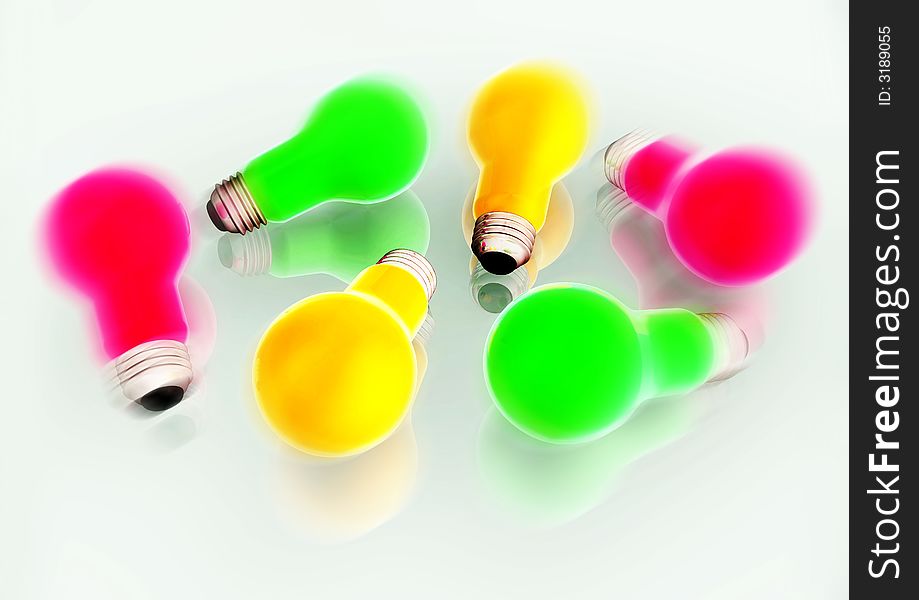 Color light bulbs red, green, yellow 3d concept illustration