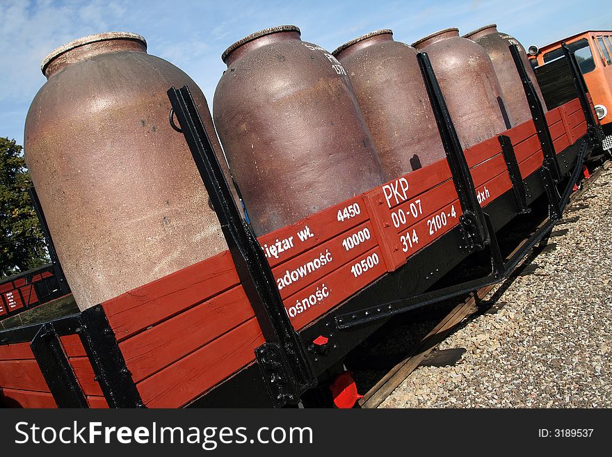 Train carriage with huge tanks on board