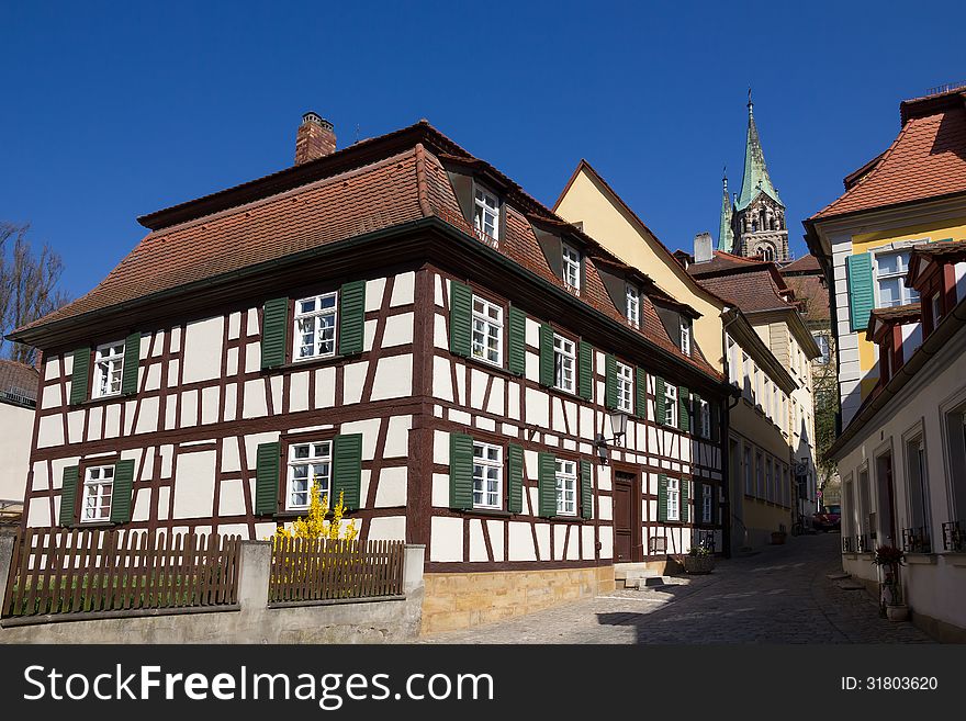 A half-timbered house on a street of Bamberg, Germany. A half-timbered house on a street of Bamberg, Germany.