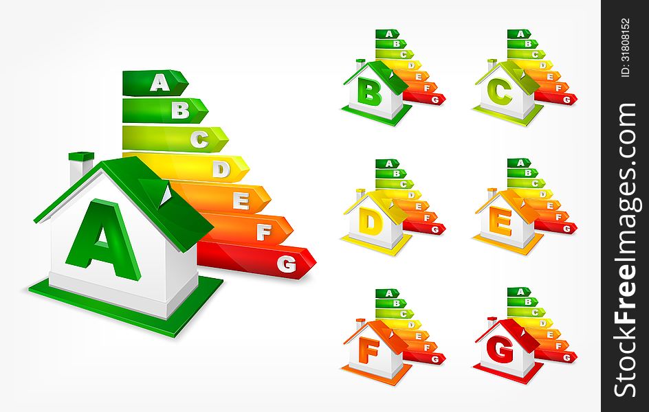 Different energy efficiency rating color and house, vector illustration. Different energy efficiency rating color and house, vector illustration