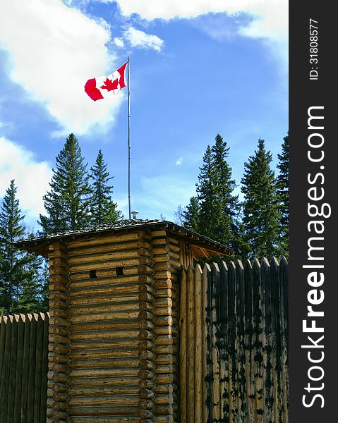 Close up of a tower of a Canadian wooden log fort. Close up of a tower of a Canadian wooden log fort