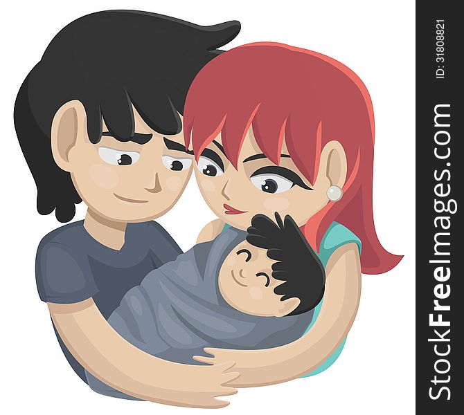 Vector illustration of a young couple holding their little baby. Vector illustration of a young couple holding their little baby.