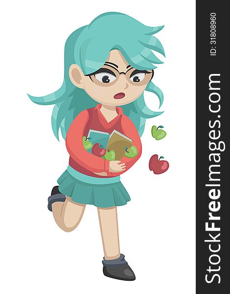 Vector illustration of a young teacher running and dropping some apples. Vector illustration of a young teacher running and dropping some apples.