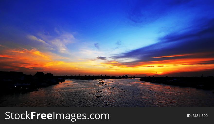 Beautiful twilight at the river in Thailand