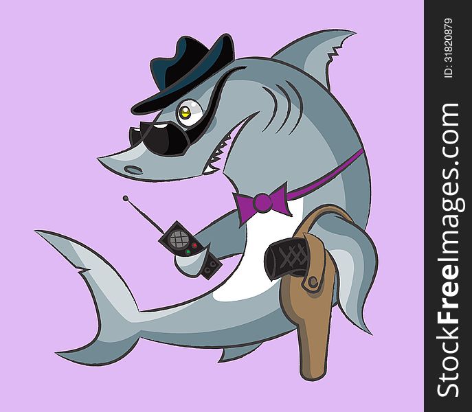 The toothy shark is the gangster in a hat and dark glasses has the gun in a holster and a handheld transceiver. The toothy shark is the gangster in a hat and dark glasses has the gun in a holster and a handheld transceiver