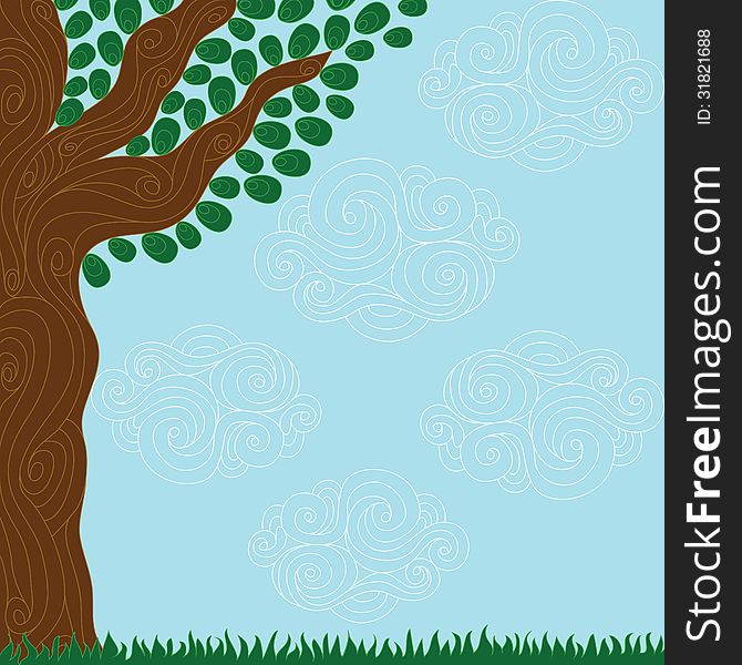 Stylized curly tree, green grass, cloud and blue sky