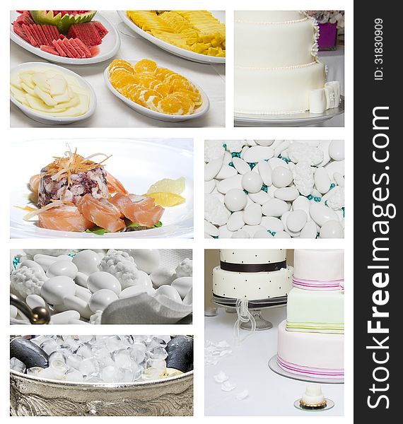 Collection of delicious wedding food and drink. Collection of delicious wedding food and drink