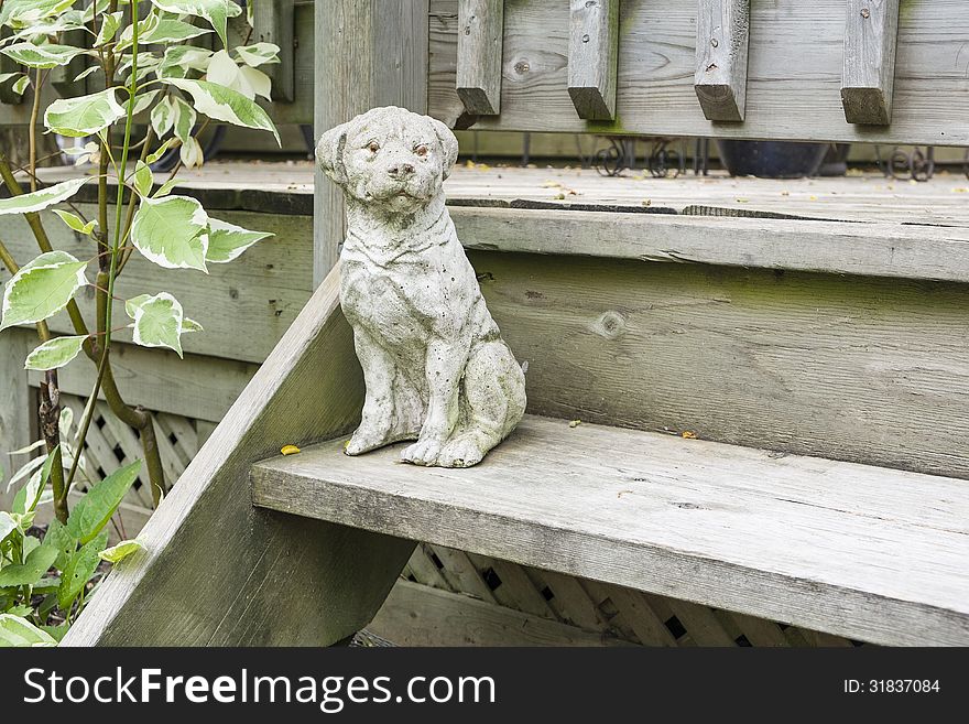 Dog statue on a step by the deck.