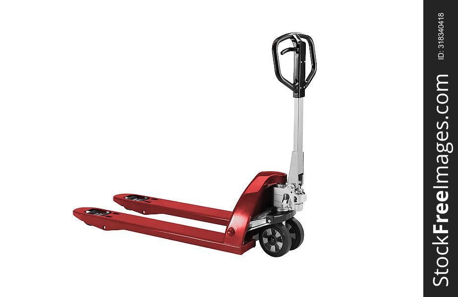Red and silver manual pallet jack positioned against a pure white background, ideal for warehouse themes