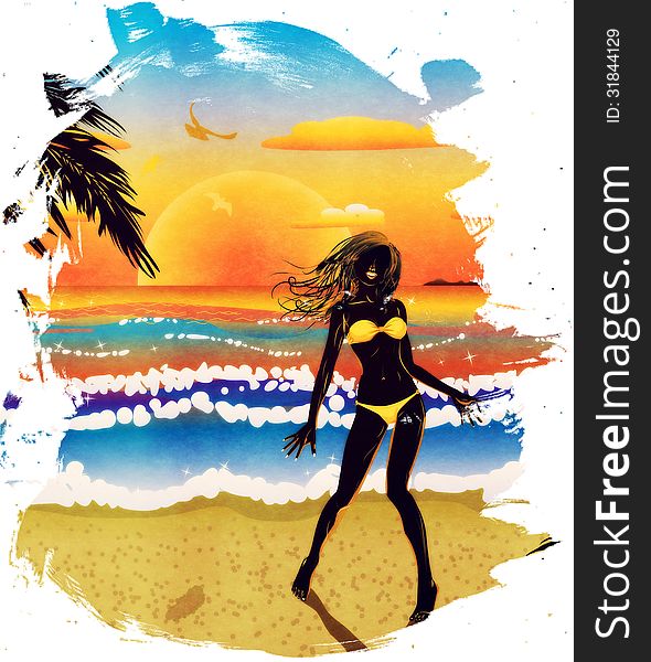 Woman silhouette in yellow bikini on tropical beach at sunset. Woman silhouette in yellow bikini on tropical beach at sunset.