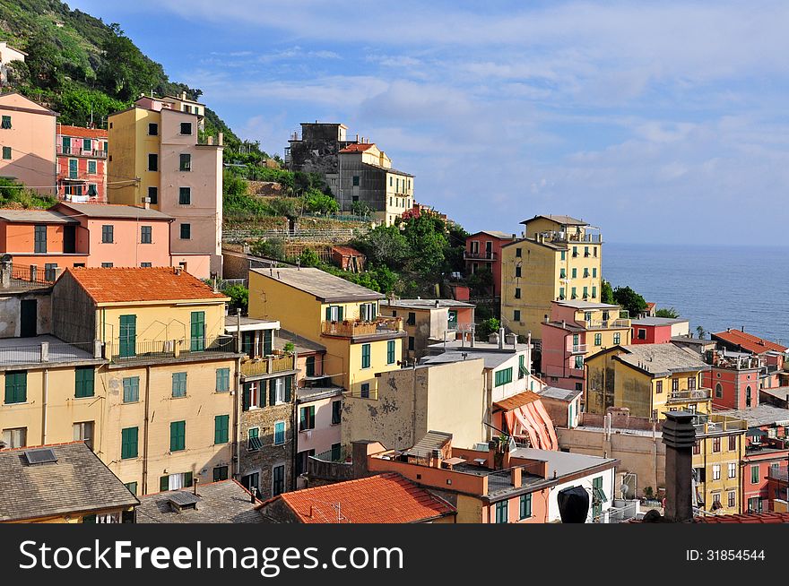 Italian village Riomaggiore on sunset. Italian village Riomaggiore on sunset