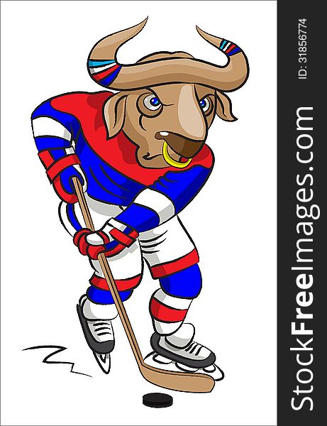 The terrible buffalo - the hockey player in a hockey form conducts a puck with a hockey stick