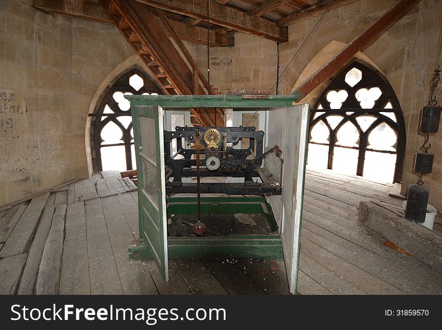 Front view of the clock mechanism taken at the Saint Michael Church, Cluj-Napoca, Transylvania, Romania, Europe. Front view of the clock mechanism taken at the Saint Michael Church, Cluj-Napoca, Transylvania, Romania, Europe.