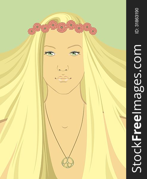 Illustration (vector EPS8 included) of young woman with long blond hair and a wreath of flowers on. Illustration (vector EPS8 included) of young woman with long blond hair and a wreath of flowers on