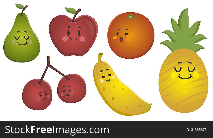 Set with six vector illustrations of cute fruits smiling. Set with six vector illustrations of cute fruits smiling.