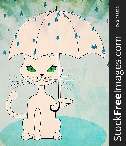 Cartoon cat with green eyes holding umbrella on blue rainy background. Cartoon cat with green eyes holding umbrella on blue rainy background.