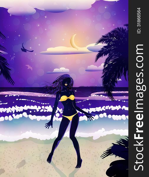 Woman silhouette in yellow bikini on tropical beach at night time. Woman silhouette in yellow bikini on tropical beach at night time.