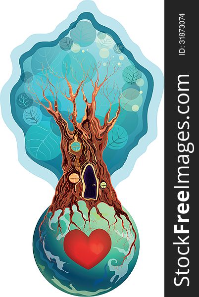 Tree-house on the planet with red heart