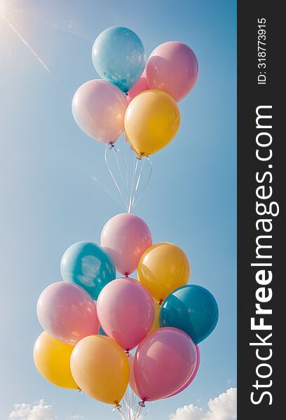 This cheerful and vibrant image features a bunch of colorful balloons floating in a clear blue sky. The pastel balloons, in shades of blue, yellow, and pink, create a joyful and uplifting atmosphere. The soft sunlight adds a radiant glow to the balloons, making this image perfect for various projects such as greeting cards, event decorations, and festive graphic design needs. This cheerful and vibrant image features a bunch of colorful balloons floating in a clear blue sky. The pastel balloons, in shades of blue, yellow, and pink, create a joyful and uplifting atmosphere. The soft sunlight adds a radiant glow to the balloons, making this image perfect for various projects such as greeting cards, event decorations, and festive graphic design needs.