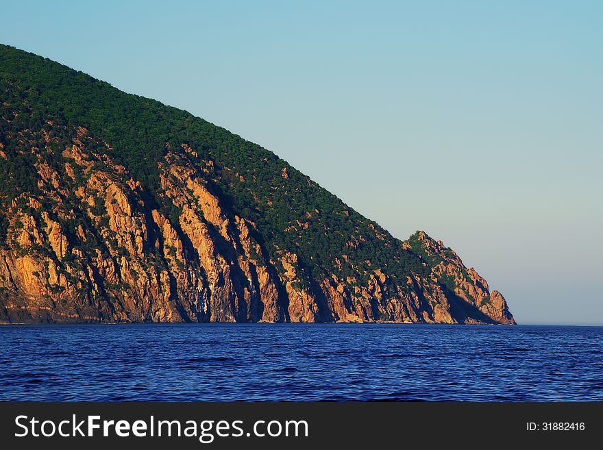 Evening seascape with views of the mountain Ayu-Dag in Gurzuf, Crimea