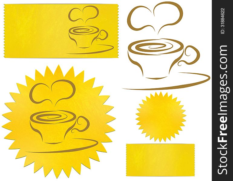 Set of icons and logos in the form of a star, rectangle, and coffee mugs. Set of icons and logos in the form of a star, rectangle, and coffee mugs
