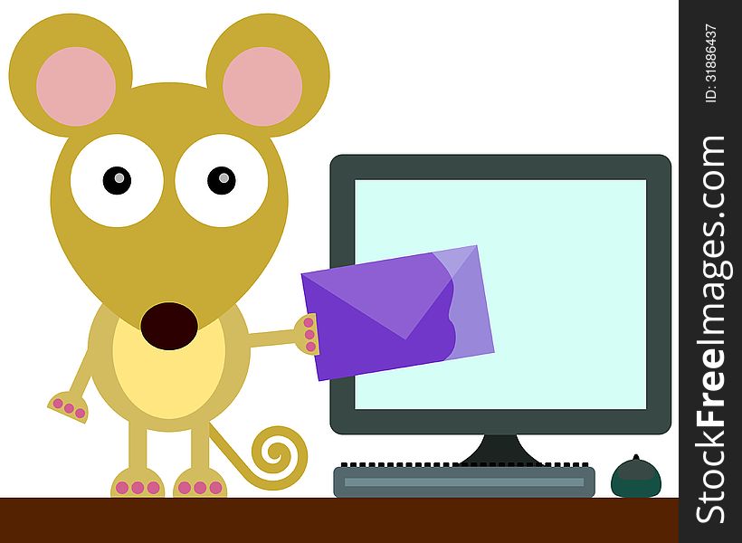 A cartoon mouse putting a letter inside a computer's screen. A cartoon mouse putting a letter inside a computer's screen