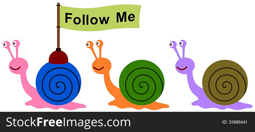 Two cartoon snails following another snail carrying a flag with a follow me word. Two cartoon snails following another snail carrying a flag with a follow me word