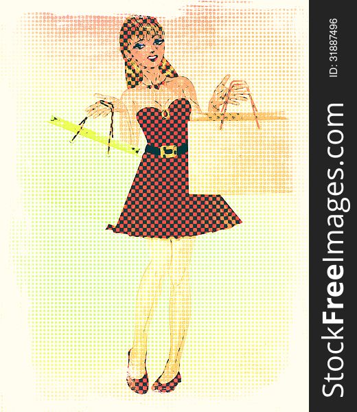 Cartoon woman in red dress with shopping bags in retro halftone style. Cartoon woman in red dress with shopping bags in retro halftone style.