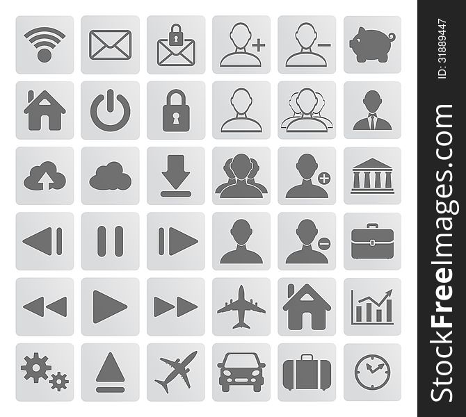 Set of grey web, multimedia and business icons on a white background