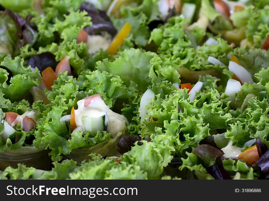 Group of sausage crepe green salad