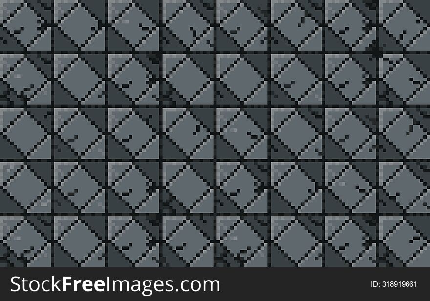 Pixel art Tileset. 2D Dungeon Steel Wall Texture with shadowing - Assets for Game - steel concrete seamless with dark background.