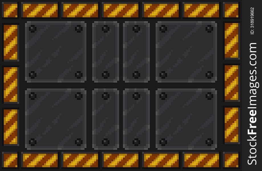 Pixel art Tileset. 2D Dungeon Steel Wall Texture with danger line - Assets for Game - steel concrete seamless with dark background.