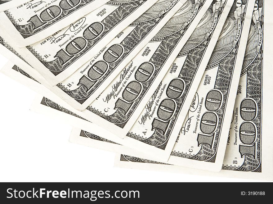 American hundred dollar bills isolated on a white background