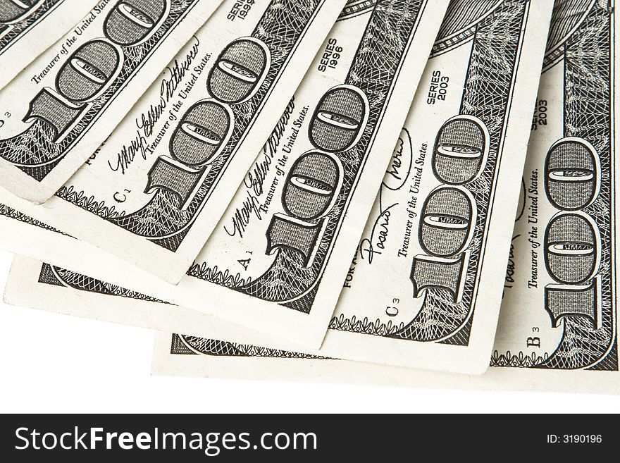 American hundred dollar bills isolated on a white background