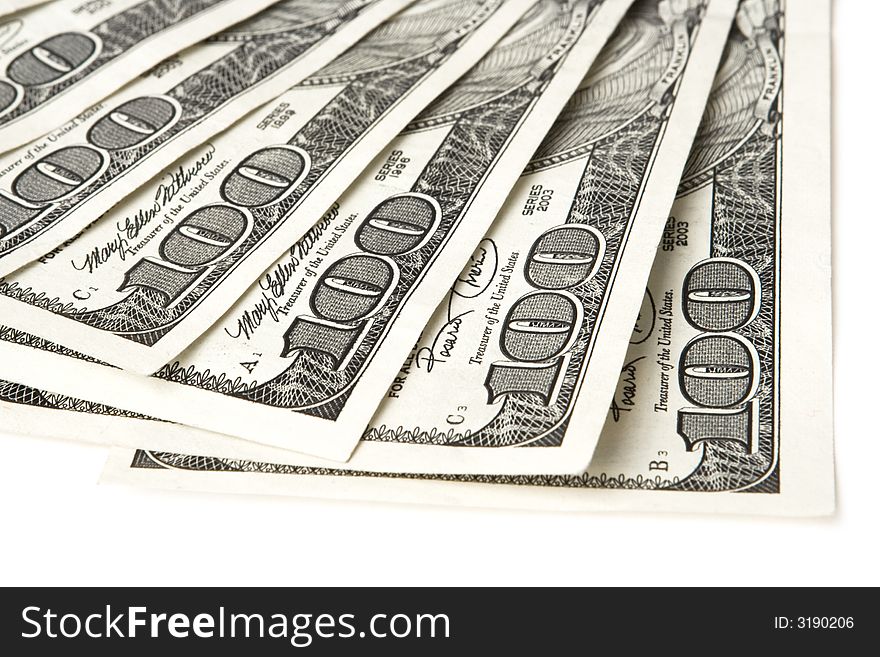 American hundred dollar bills isolated on a white background