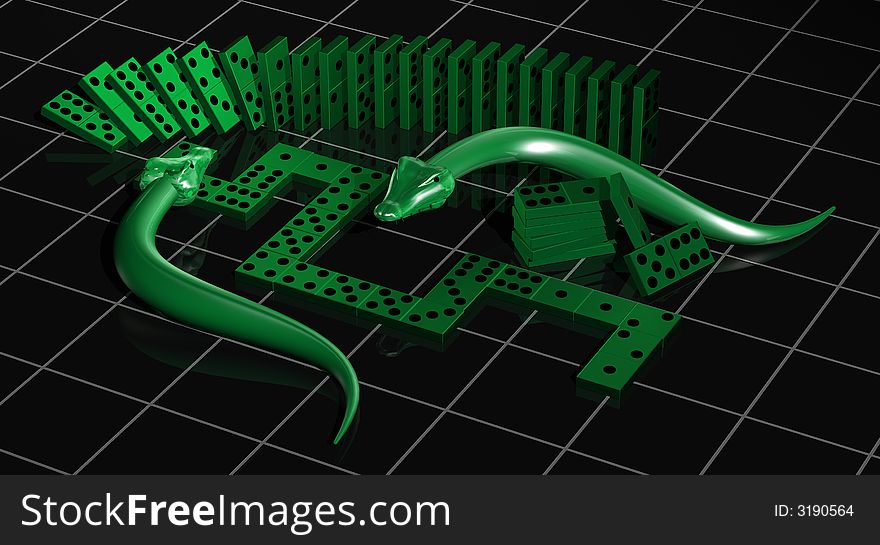 3d render of two snakes monsters and green domino cubes. 3d render of two snakes monsters and green domino cubes